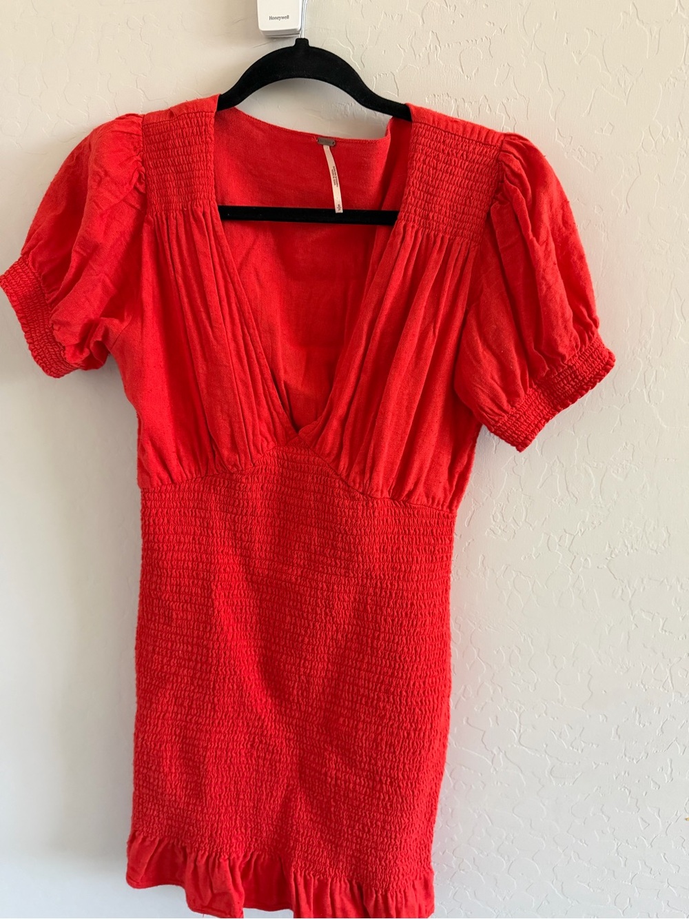 Red Smocked V-Neck Mini Dress